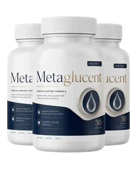 MetaGlucent Natural Blood Sugar Support Supplement &mdash; two premium white bottles with dark navy wave panel showing MetaGlucent in bold navy with gold glucent accent, Diabetes Support Formula, Supports Healthy Blood Glucose Levels, Supports Insulin Sensitivity, 30 Capsules Once Daily, Science Health Trust
