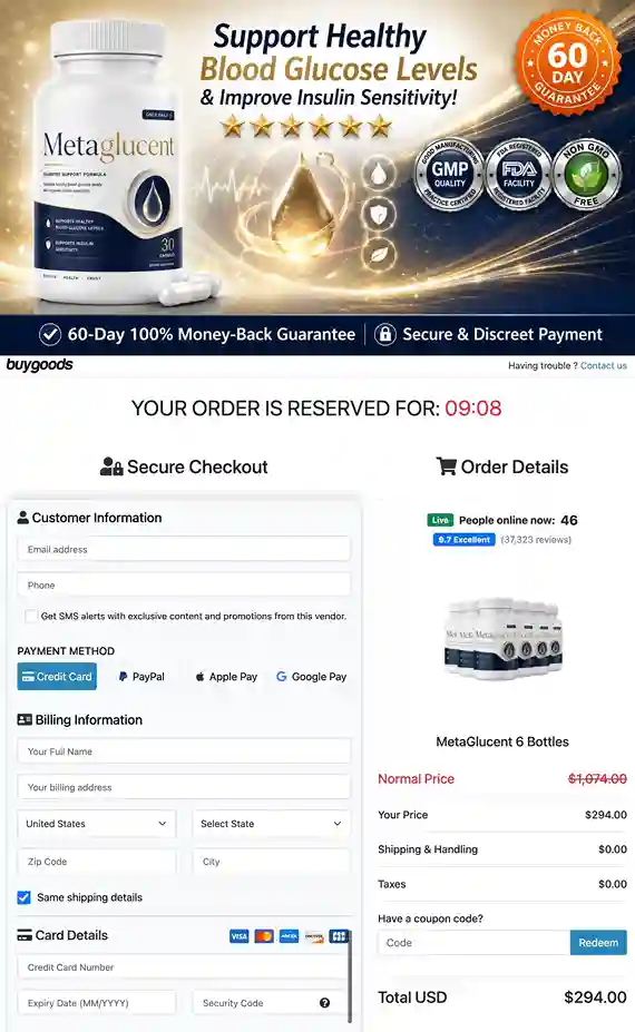 MetaGlucent 6 bottle best value natural blood sugar supply with 60-day guarantee and free US shipping